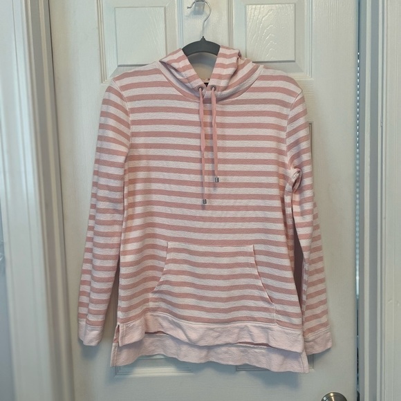 Jones New York Tops - Jones New York pink and White Striped Knit Pullover Hoodie Kangaroo Pocket S